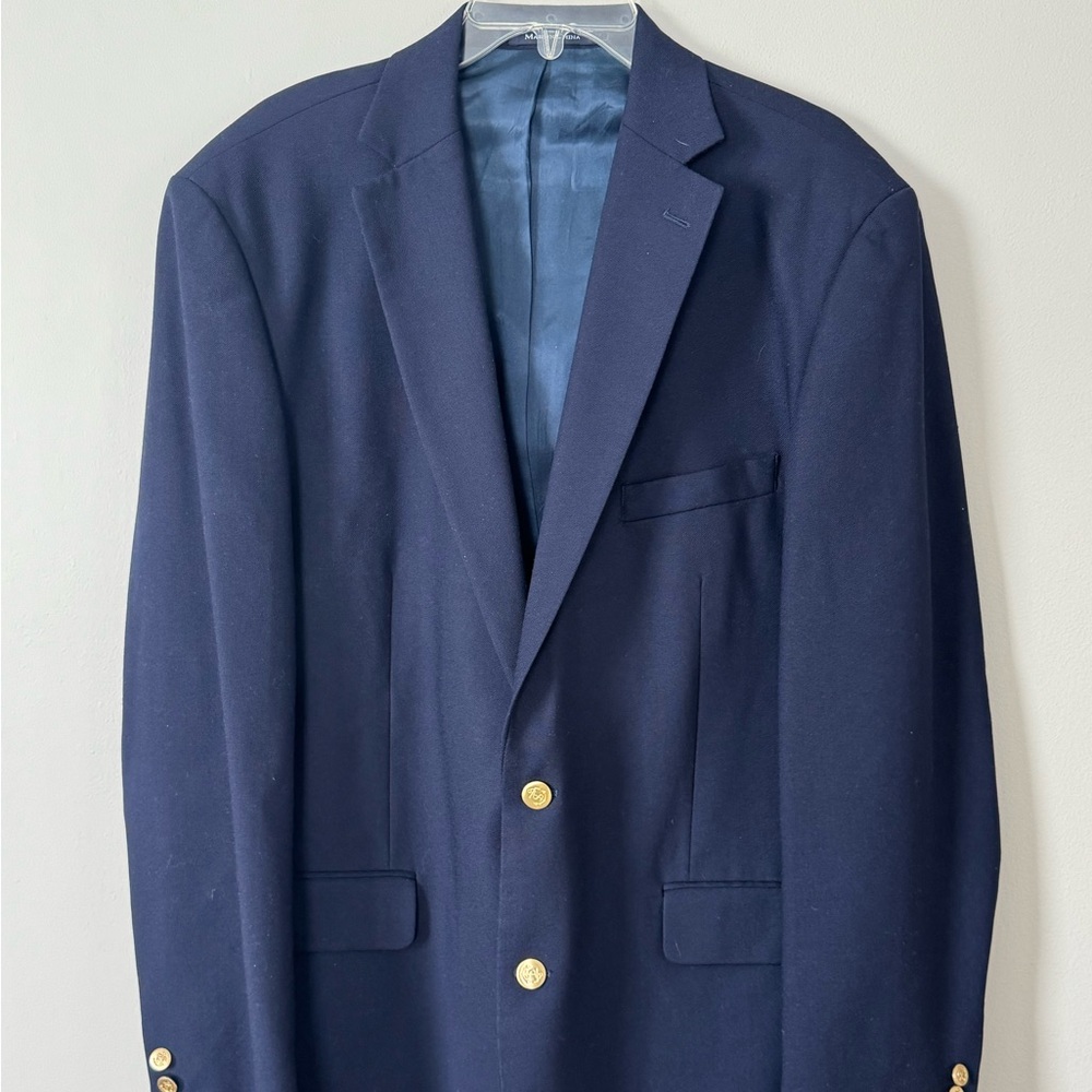 Lands End Blazer 44L Navy Wool Two Gold Button Sport Coat Vintage